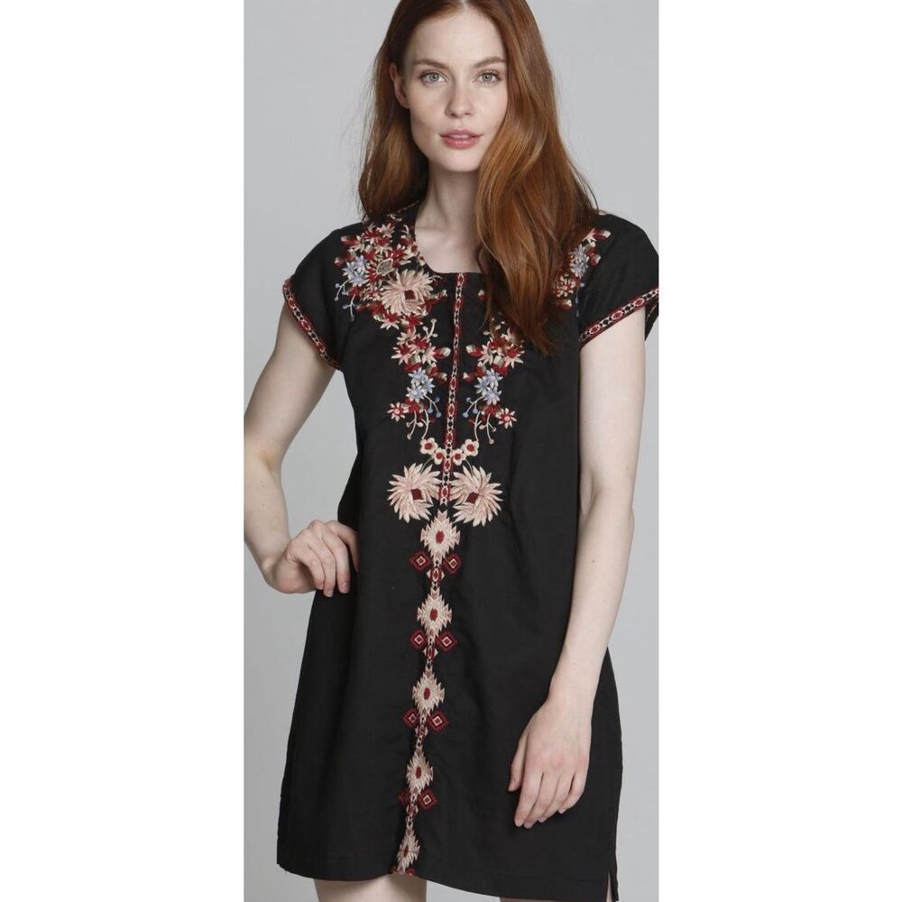 Driftwood Carmin Tunic Dress Black Embroidered Size M Boho Chic, Festival